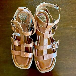Vince Camuto warm brown sandals, cushioned foot bed.